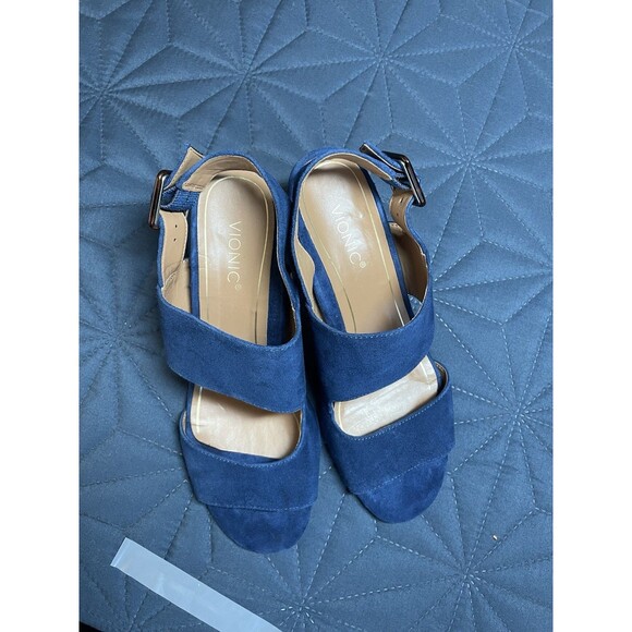 Vionic Women's Perk Bianca Suede Blue Heel Sandal Tortoise Buckle Size 8 Arch - Picture 5 of 13